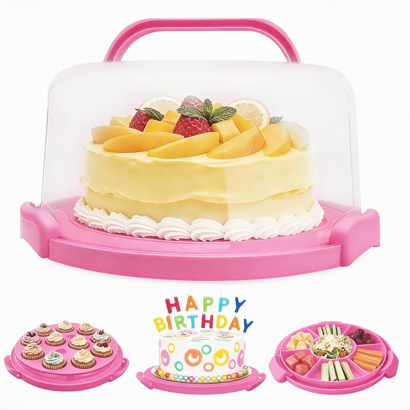 Slomg Plastic Cake Carrier with Lid and Handle, Multipurpose Cake Stand Holder Container for 11 in Cake, Round Cupcake Storage Box Serving Tray with Cover for Bundt Dessert Pie Pizza Eggs Rose Pink - Image 1
